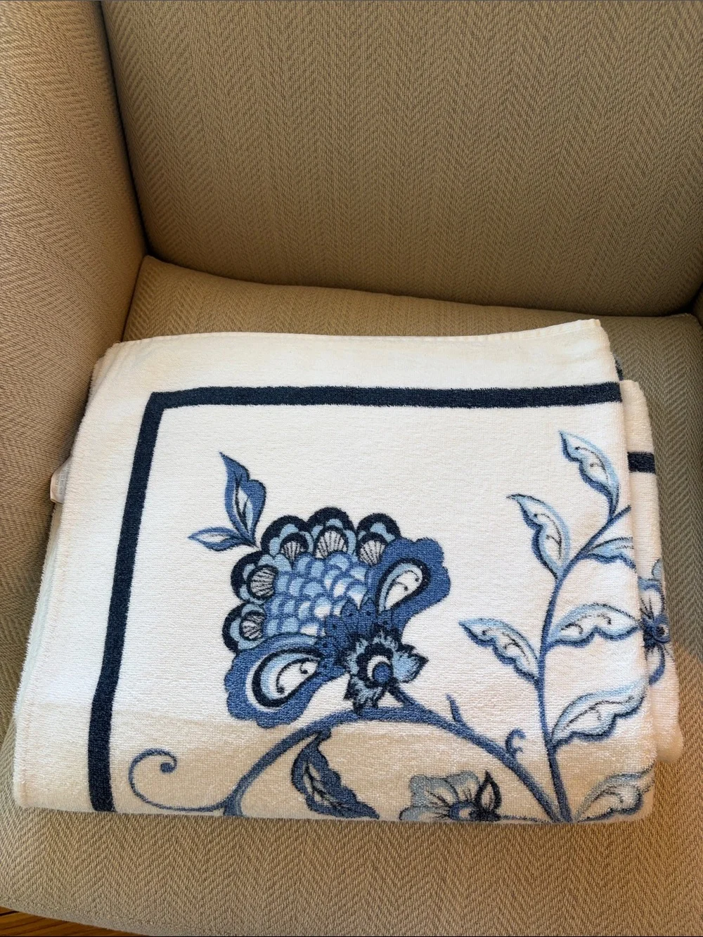 Blue Floral Cotton Bath Towel Extra Large 54x65”